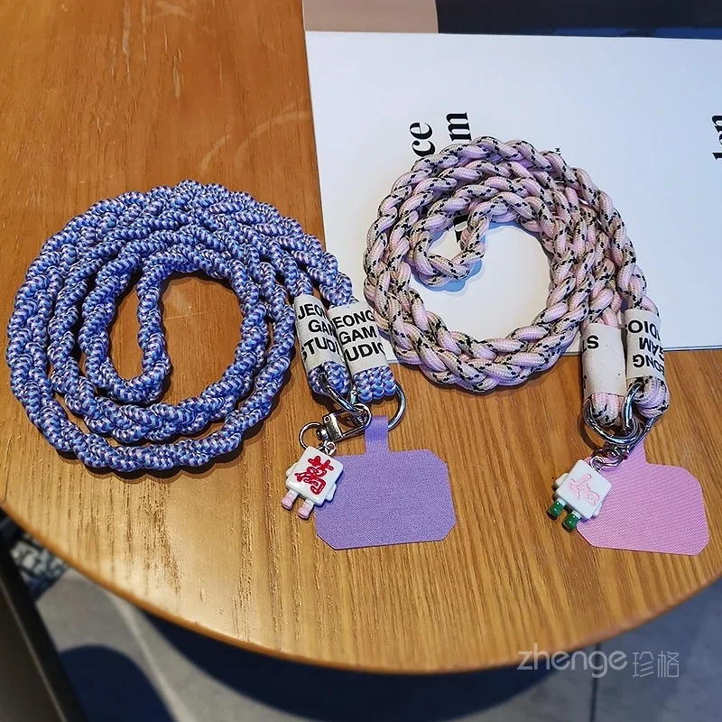 Colorful Woven Three Strand Ponytail Mobile Phone Lanyard with Cute Mahjong Pendant Decoration Crossbody Strap Universal Phone