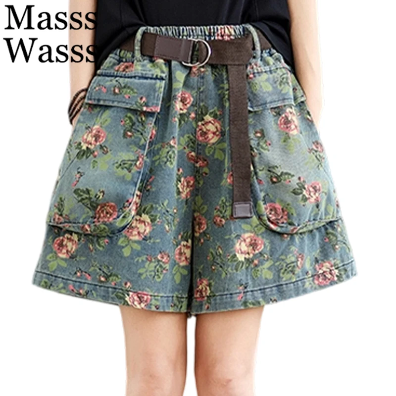

Masss Wasss 2025 Summer Females Leisure Loose Printed Denim Pants Womens Vintage Floral Jeans Wide Leg Trousers Fashion Shorts