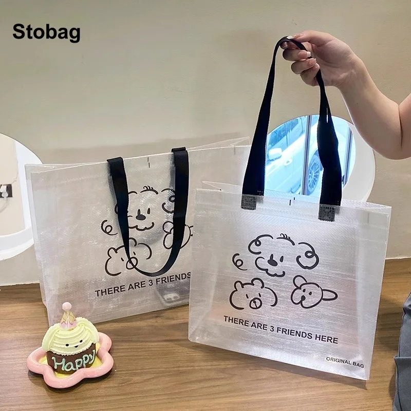 

StoBag 10pcs Cartoon Transparent Woven Shopping Tote Bag Shoulder Clothes Package Pouch Handbag Portable Custom Logo(Extra Fee)