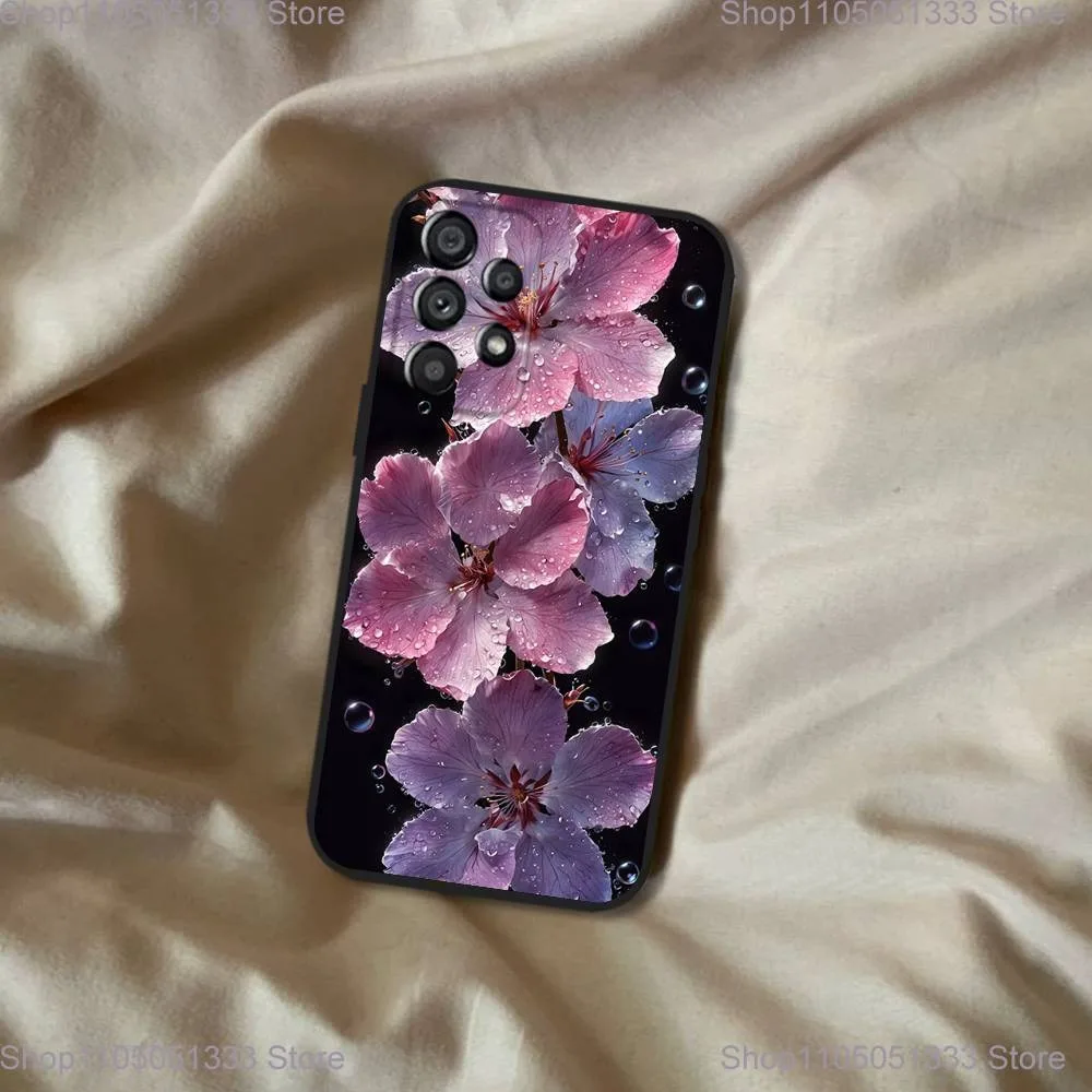 Elegante rosa e azul orquídea caso de telefone para samsung galaxy a20, a21s, a22, a31, a32, a52, a53, a72,73, a80 capa preta macia