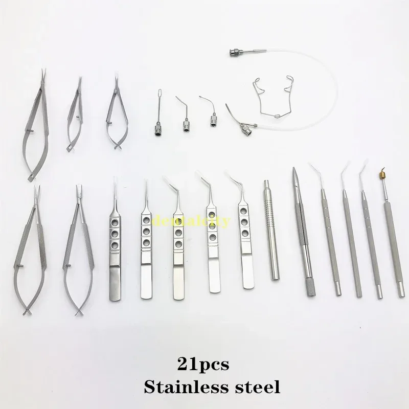 21 SZT. Zestaw okulistyczny z tytanu/stali nierdzewnej, instrumenty okulistyczne, mikro-pęsety, nożyczki, uchwyt na igły, zestaw narzędzi chirurgicznych