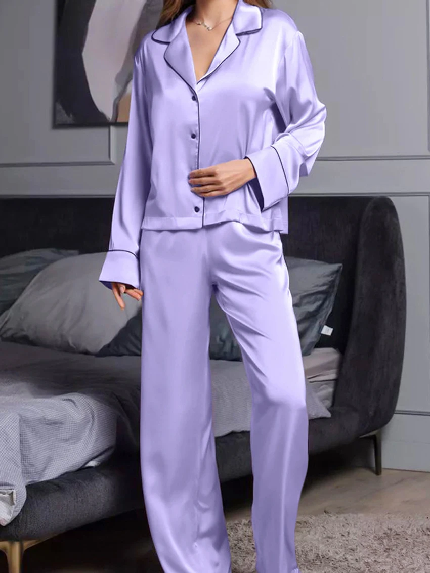 

Marthaqiqi Purple Female Nightgowns 2 Piece Suit Long Sleeve Nightwear Turn-Down Collar Pajamas Pants Casual Home Clothes Women