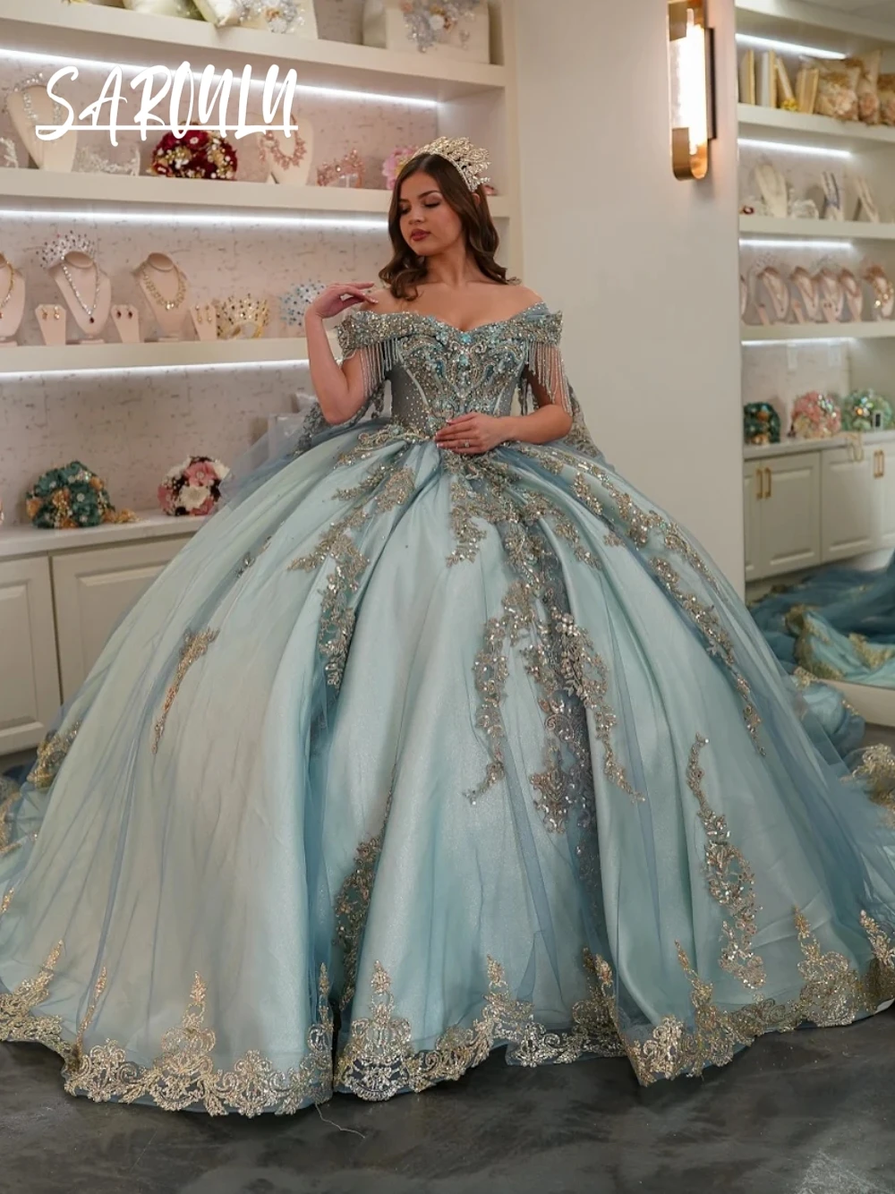 

Luxury Dusty Blue Green Quinceanera Dress Off The Shoulder Beaded Tassel Lace Appliques Glitter Ball Gown With Cathedral Train