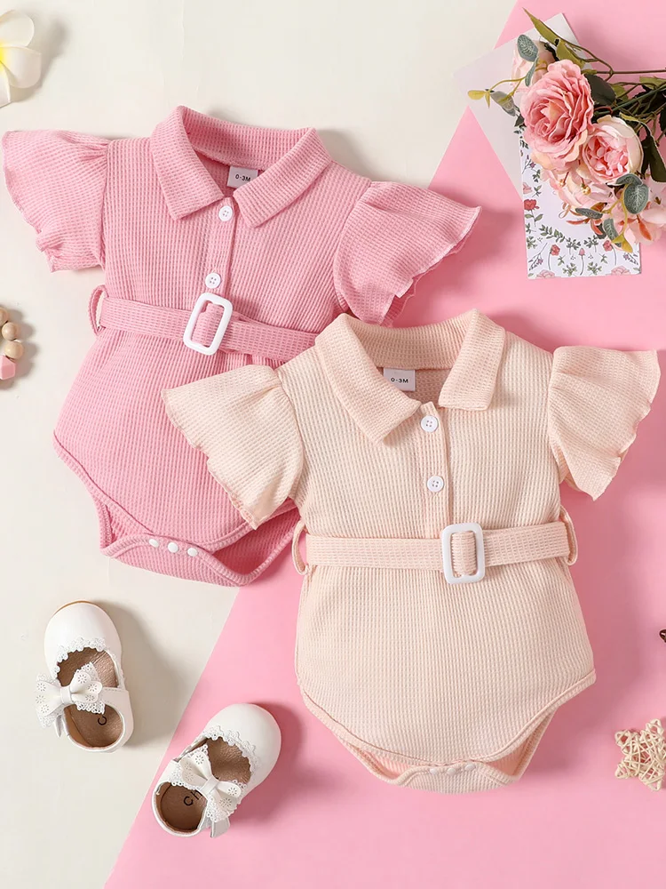 Multi-color Fashion Girls Lapel Ruffled Sleeve Design Short Sleeve Onesie + Same Color Belt Single-breasted Placket Summer Suit