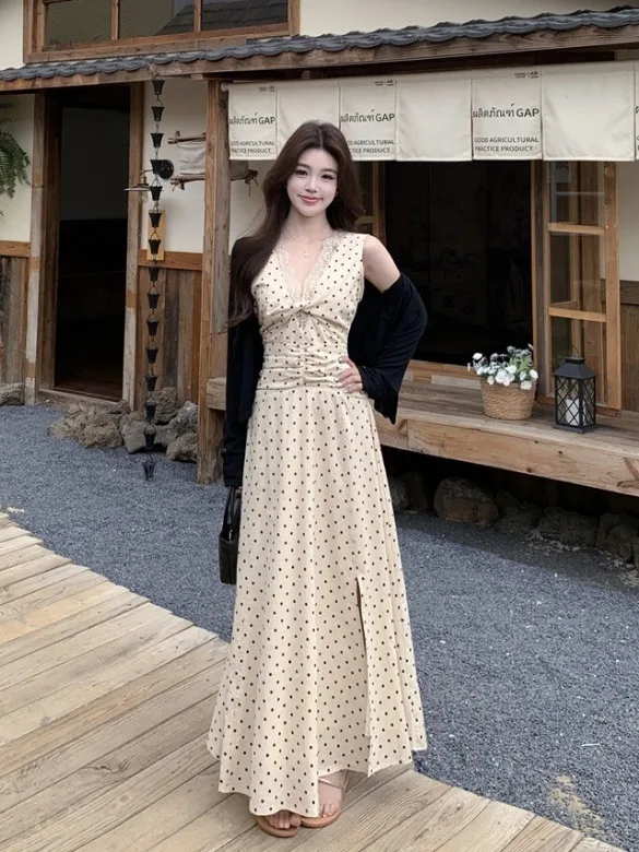 

plus Size Women's Summer New Style High Waist Long Dress Polka Dot Lace Sleeveless Dress City Commute Korean Version Slim Fit