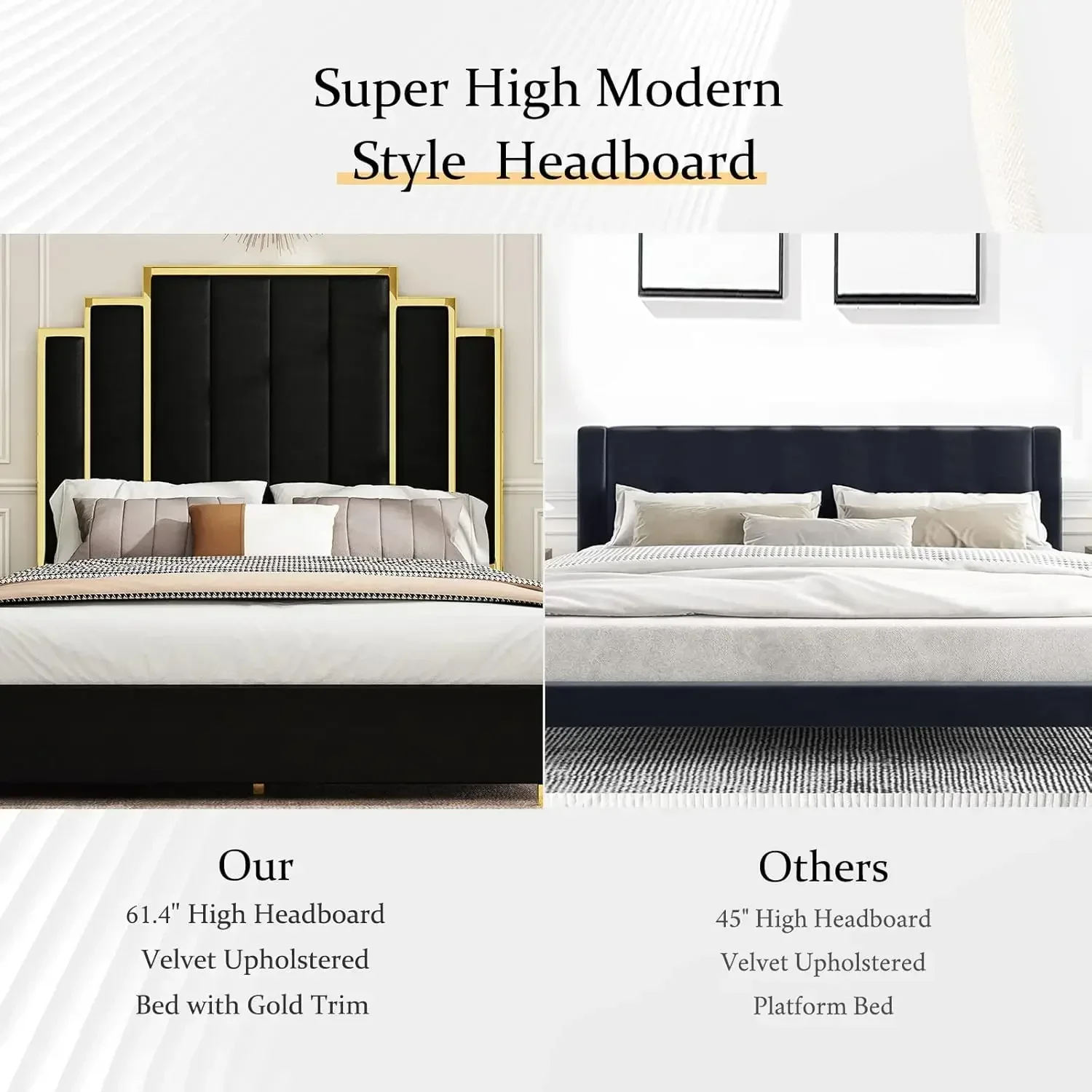 [Offerta a tempo limitato! ] Struttura letto con piattaforma queen size, letto imbottito in velluto da 61,4" con testiera con finiture dorate/doghe in legno/senza scatola Sp