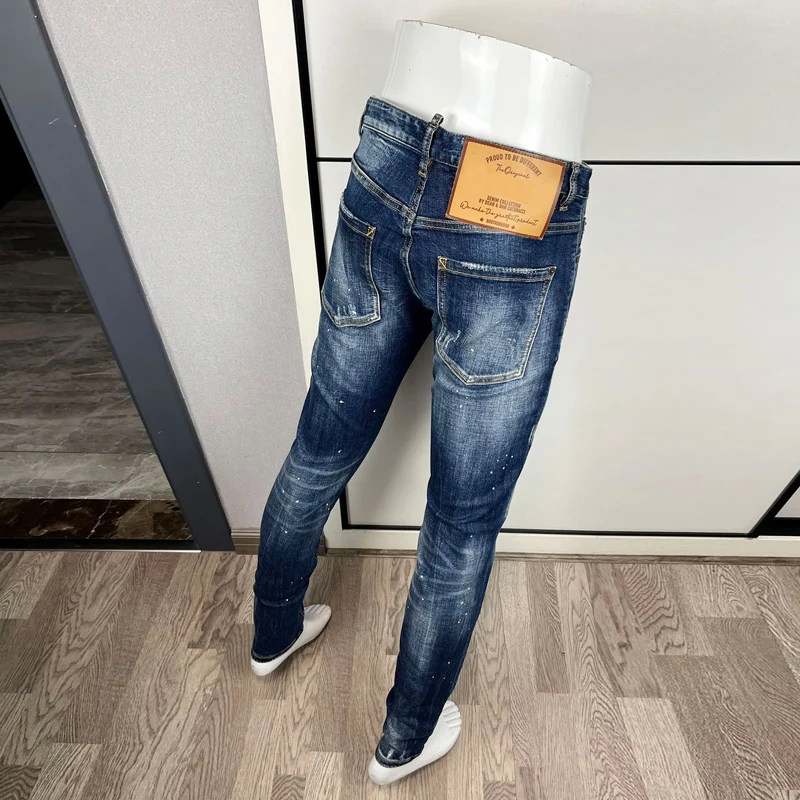 

Street Fashion Designer Men Jeans Retro Blue Stretch Slim Fit Painted Ripped Jeans Men Y2K Brand Vintage Denim Pants Hombre