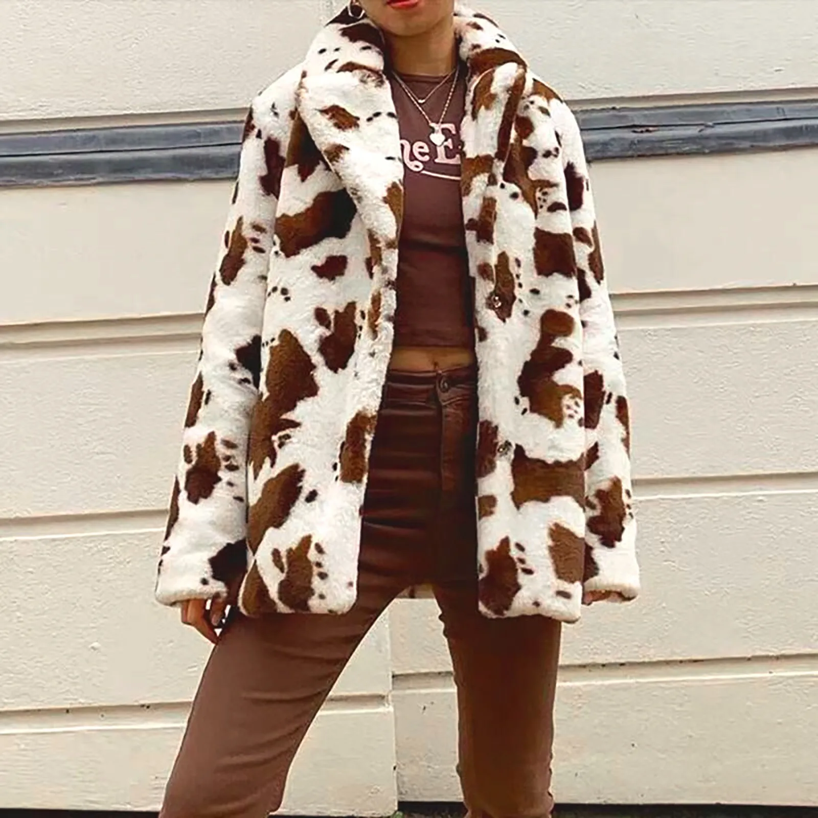 Fashion Thickened Cow Print Jacket Plush Lapels Long Sleeve Autumn and Winter Coat For Women Loose Casual Ladies Fleece Jackets