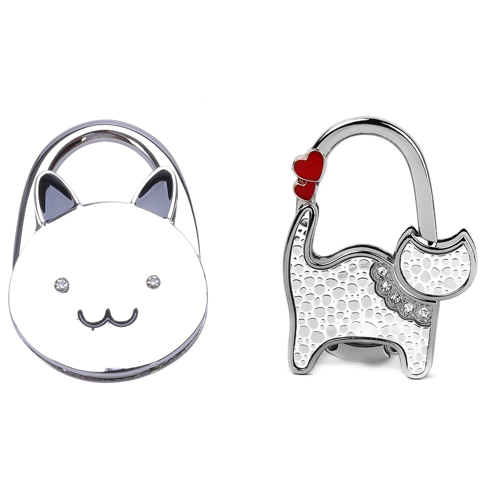 

A98E-2 Pcs Foldable Handbag Hook Antislip Rubber Base Black Cat Cartoon & Cat Shaped White
