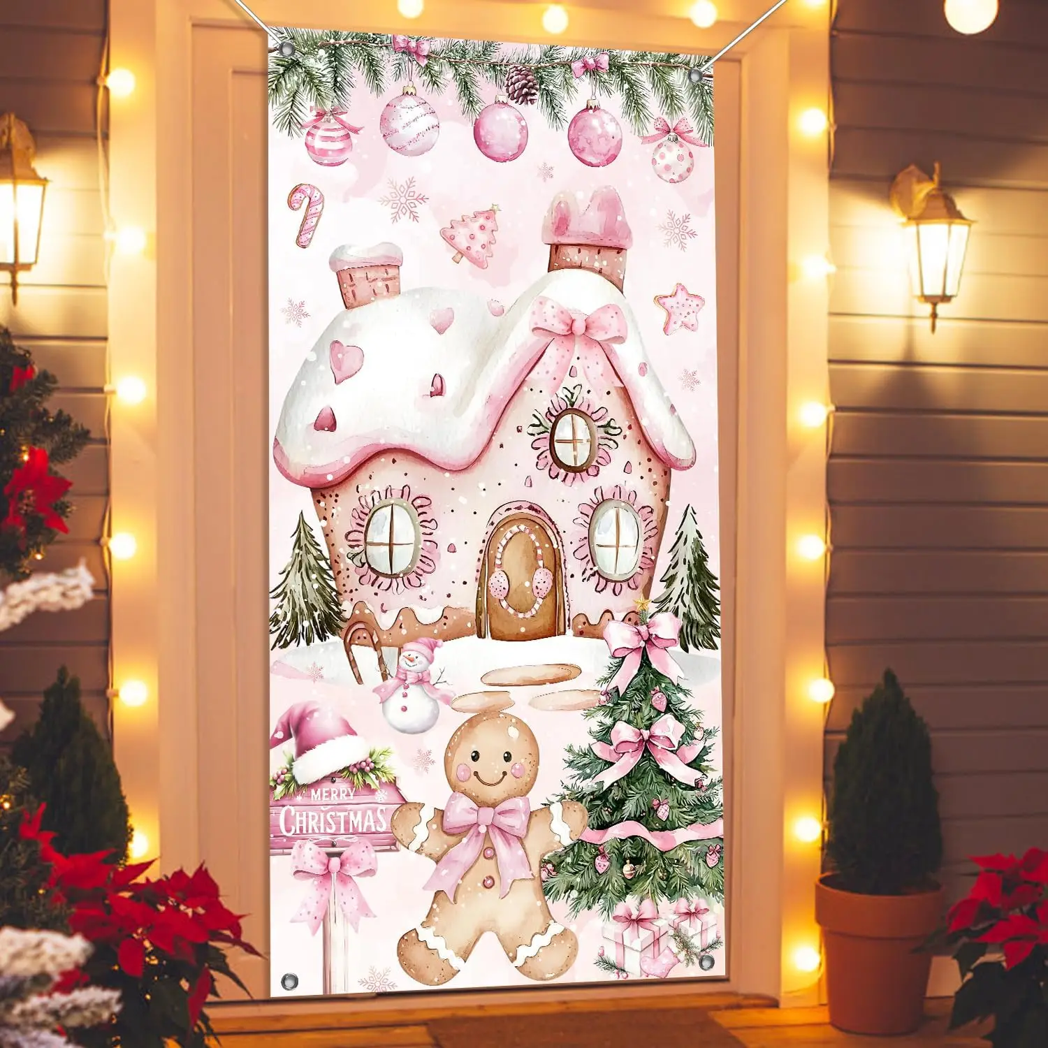 Weihnachtsdekorationen, rosa Lebkuchenmann-Türabdeckung, Weihnachtsdekorationen, rosa Weihnachts-Lebkuchenhaus-Fronttür-Banner-Rückgr