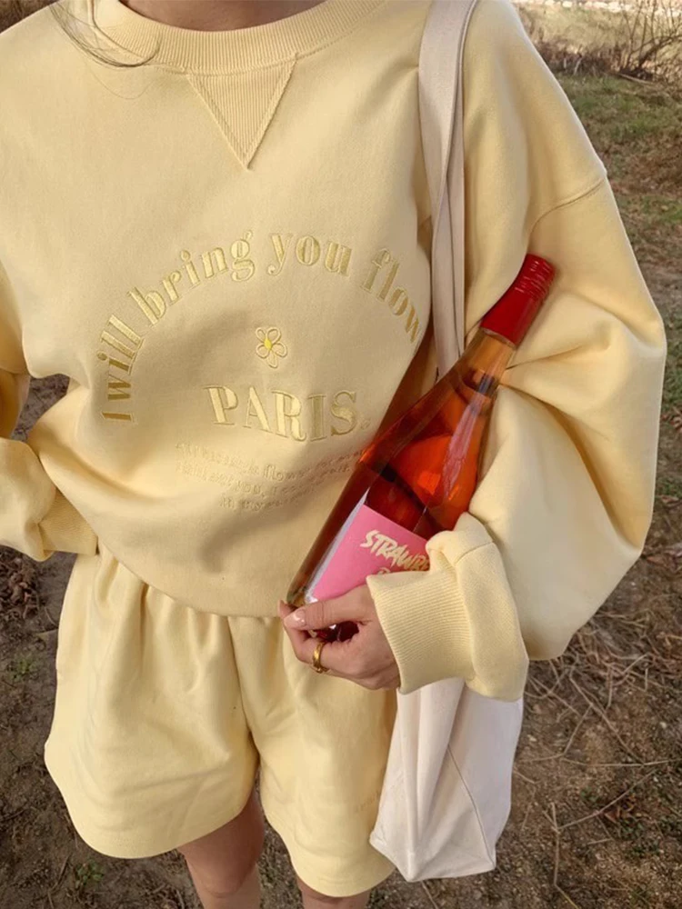 Ele automne longue Sve lettre brodée impression sweat taille haute jambe large pantalons décontractés ensemble orts pour les jeunes femmes