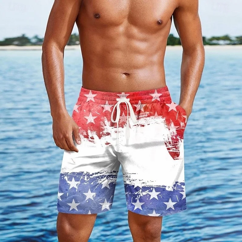 Pantalones cortos con estampado 3D de la bandera de América para hombre, bañador con patrón de rayas y estrellas, traje de baño informal, pantalones cortos de playa, pantalones cortos deportivos para tabla de Surf