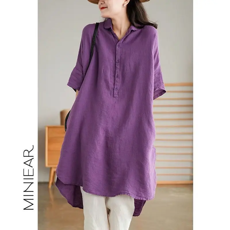 Women\'s 2024 Summer Pullover Turndown Collar Patchwork Button Split On Both Sides Fashionable Solid Color Long Shirt Skirt