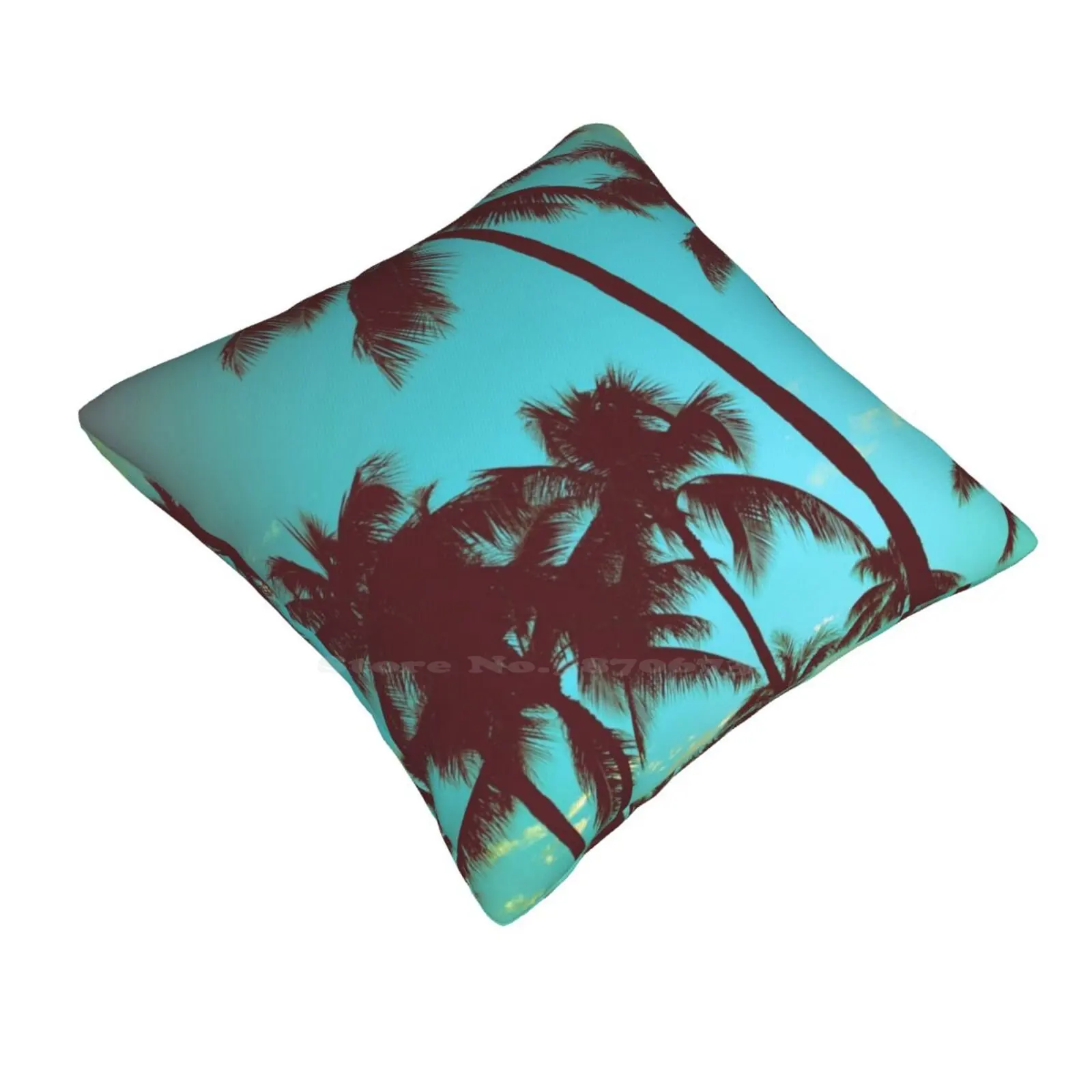 Vintage Tropical Palms Funny Cute Decor Square Pillowcase Aged Background Beach Blue Calm Caribbean Cloud Coast Concept Dawn