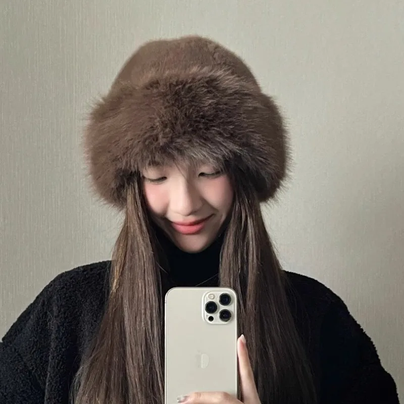 2026 New Women Faux Fur Bucket Hat Thick Warm Mongolian Style Fisherman Cap Solid Color Versatile Winter