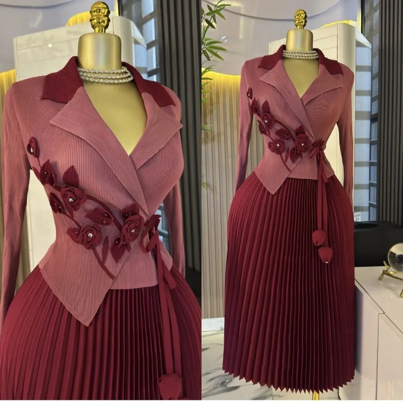 Miyake Plissee Afrikanische Frauen Plus Größe Kleider Hals Taille Stereoskopische Blume Dekoration Lose Elegante Dehnbare Lange Rock