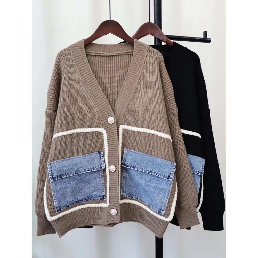 2024 Autumn Winter Sweater Cardigans Casual All-Matched Loose Denim Patchwork Pockets Single Breasted V-Neck Knitted Outerwears