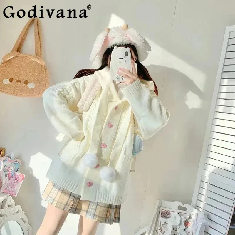 

Original Fluffy Hooded Sweater for Women Mid Length Knitted Cardigan Coat Female Japanese Style Sweet Lolita Sweater Coat