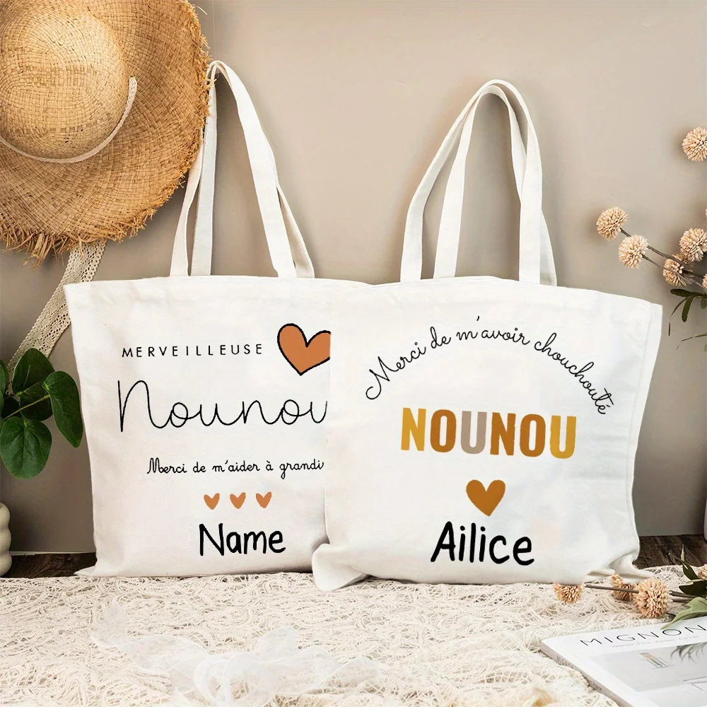 

Personalized Merci Nounou Tote Bag Women Canvas Shopping Bags with Name Female Shoulder Bag Zipper Handbag Best Gift for Nounou
