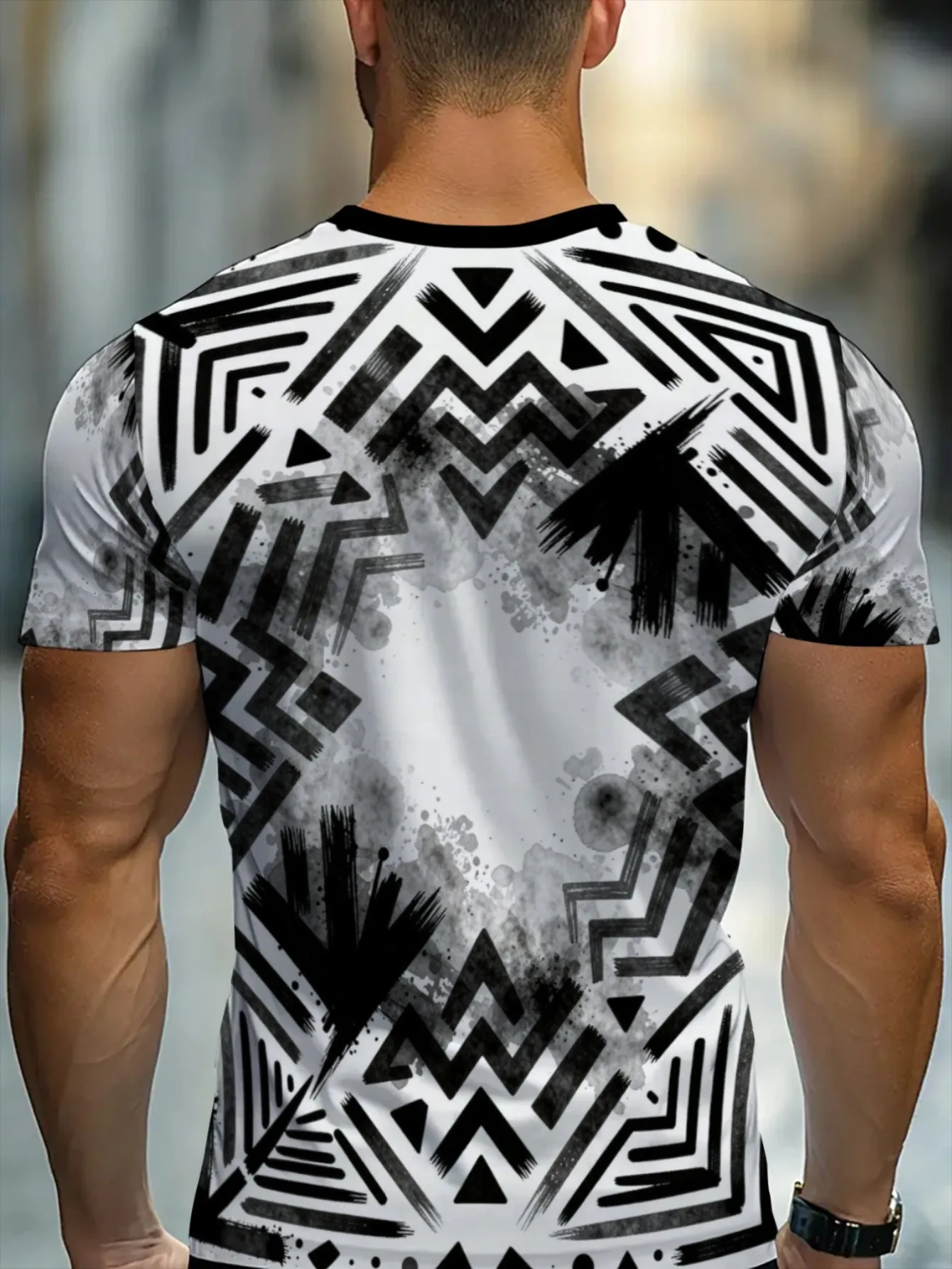 Men Black White Chevron Geometric Ink Splash Print Crew Neck Short Sleeve Tee