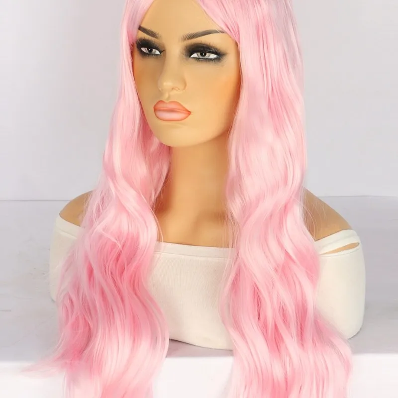 Wig for European and American women, synthetic fiber, pink, middle-parted, wavy bangs, long curly hair, high-temperature fiber - view 3