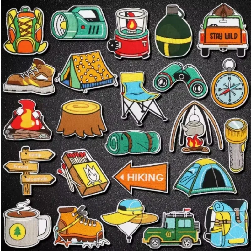 

Outdoor Adventure Embroidery Cloth Sticker Travel Bag Decorative Patch Sticker Camping Equipment Flashlight Match Kettle Label