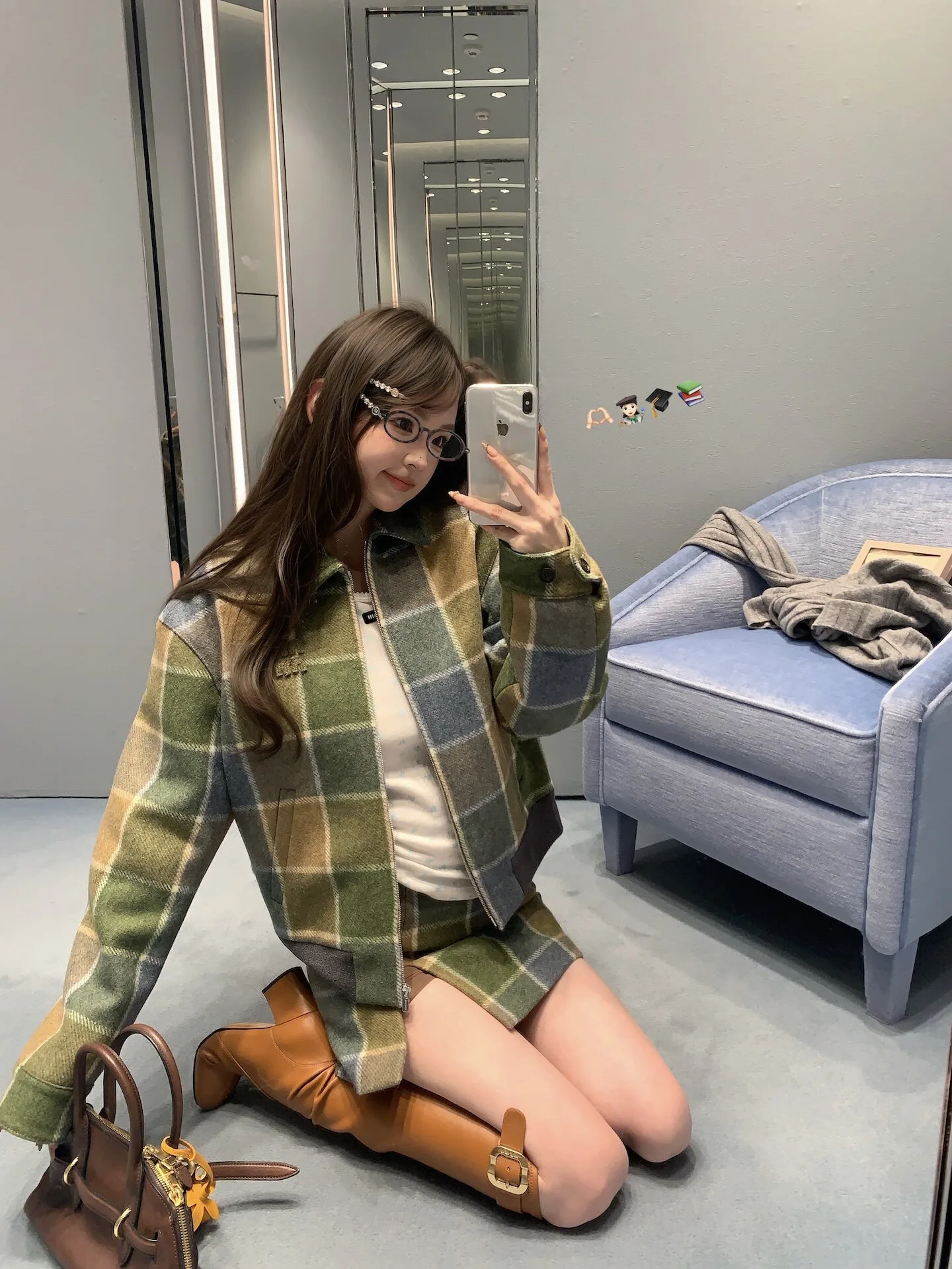 

Женское зимнее пальто F Boutique из смесовой шерсти и хлопка, цвета хаки, в клетку, с отложным воротником, на молнии, с короткими рукавами