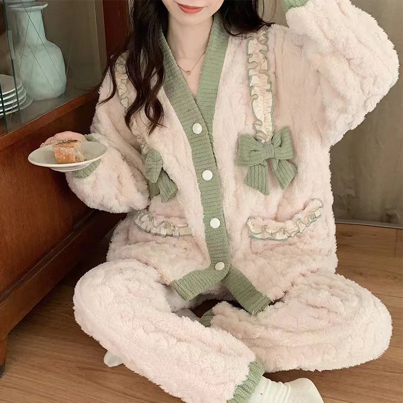 Trendy Flannel 2Pcs Set Sweet Girl Style Sleepwear Long-Sleeve Top And Long Pants Soft Fabric Warm Women's Loungewear Homedress