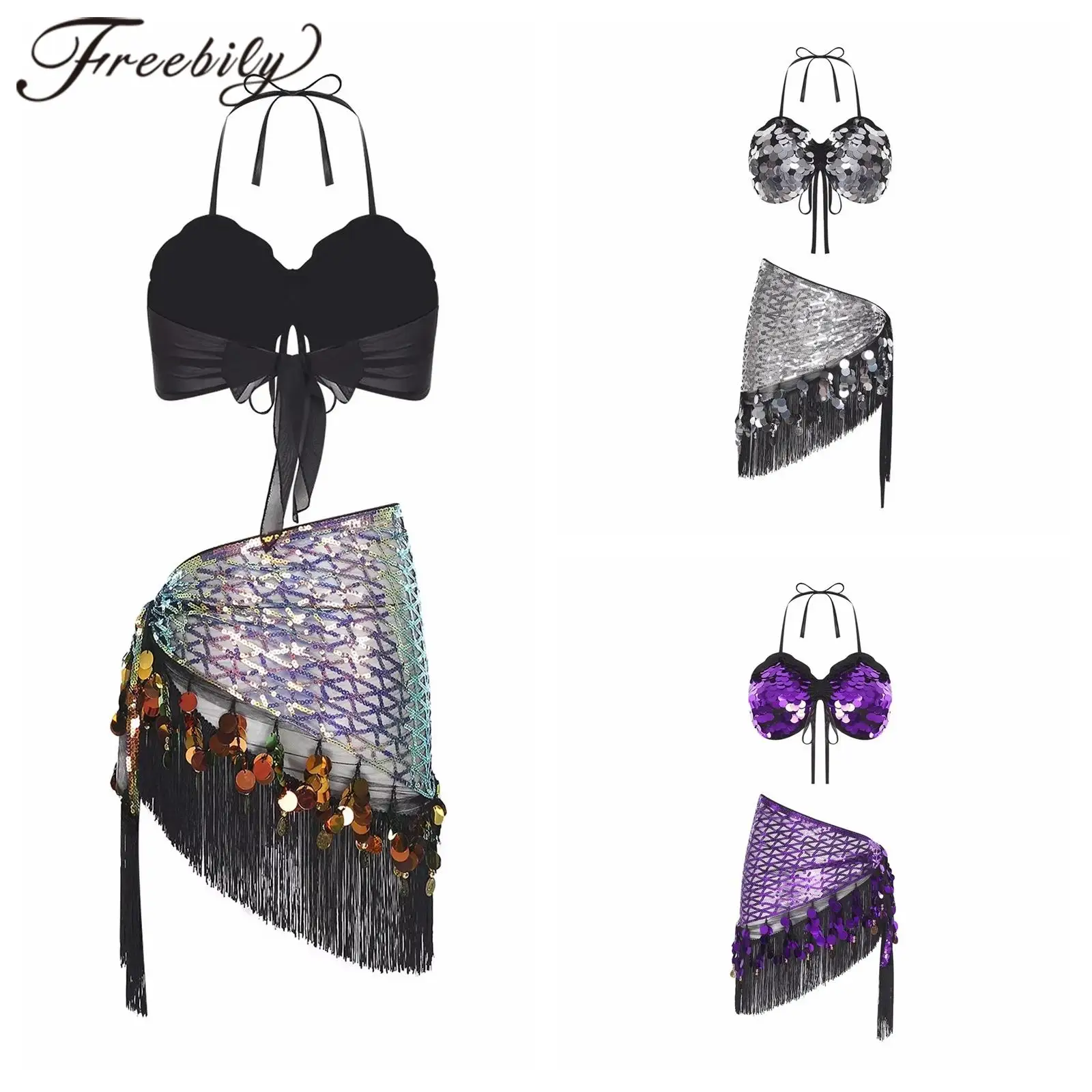 

Womens Belly Latin Dance Costume Sequin Chacha Tango Performance Dancewear Halter Crop Top + Tassel Hip Scarf Wrap Shiny Outfit