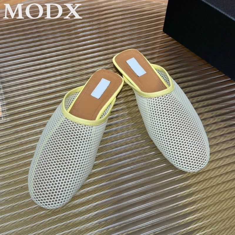 French High Quality Niche Slippers Brand New Mesh Sheepskin Closed Toe Flat Half Slippers Hollow Women\'s Summer Outdoor Sandals