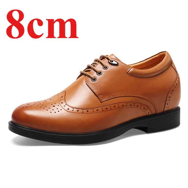 Height Increasing Shoes Thick Bottom 8cm Men's Dress Shoes Genuine Leather Carved Shoes Business Invisible Inner Elevated Shoe