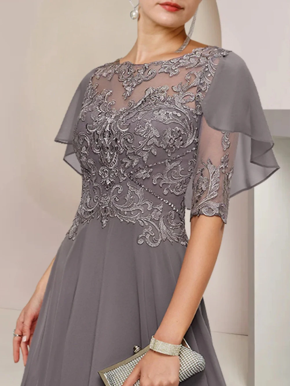 Simple O-neck Half Sleeve Mother Of The Bride Dress For Wedding Graceful Lace Appliques Chiffon Evening Dress Customized 2025