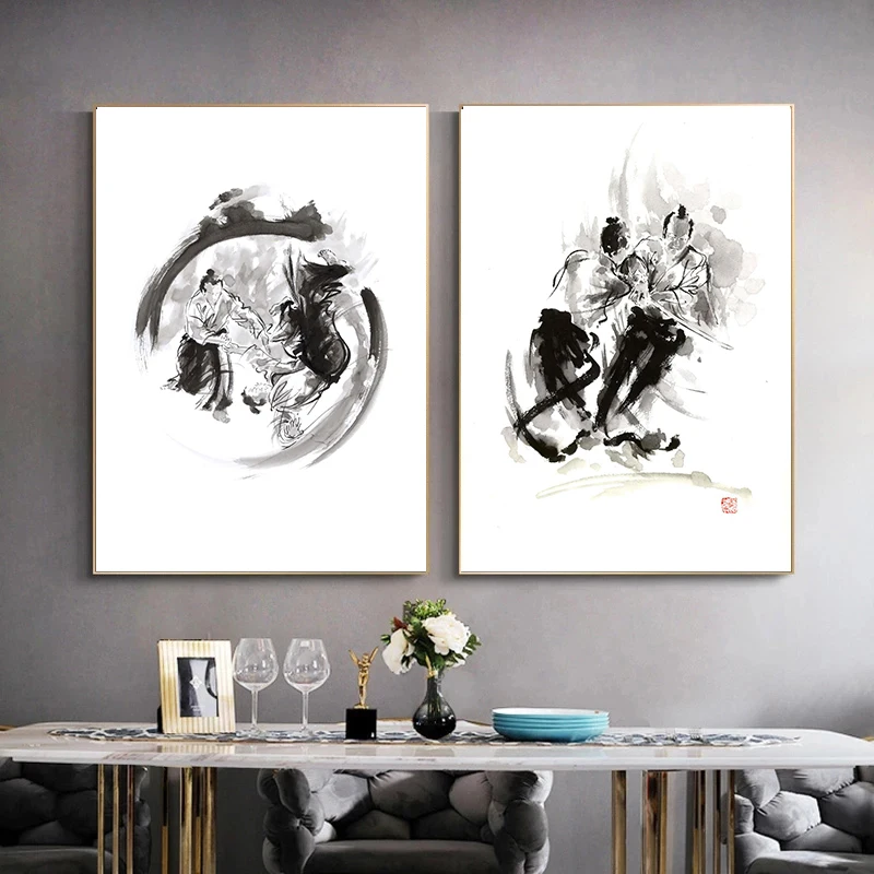 Ink Japanese Karate Poster and Picture Black White Abstract Classic Action Canvas Painting Minimalist Wall Art Home Decoration