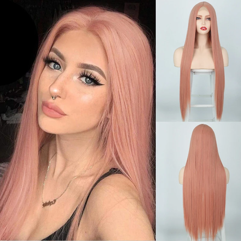 : Gray-pink women's long straight synthetic hair wig with front and small lace U-part