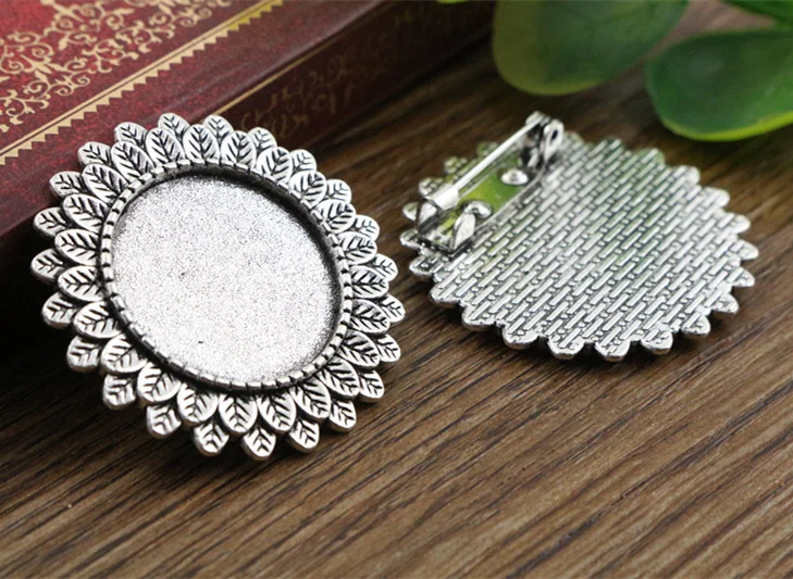 5pcs 20mm Inner Size Antique Silver Plated Bronze Black Brooch Pin Classic Style Cabochon Base Setting