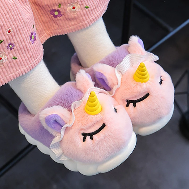 New Winter Kids Plush Slippers Cartoon Unicorn Children's Indoor Slides Non-Slip Soft Mule Girls Boys Warm House Cotton Shoes