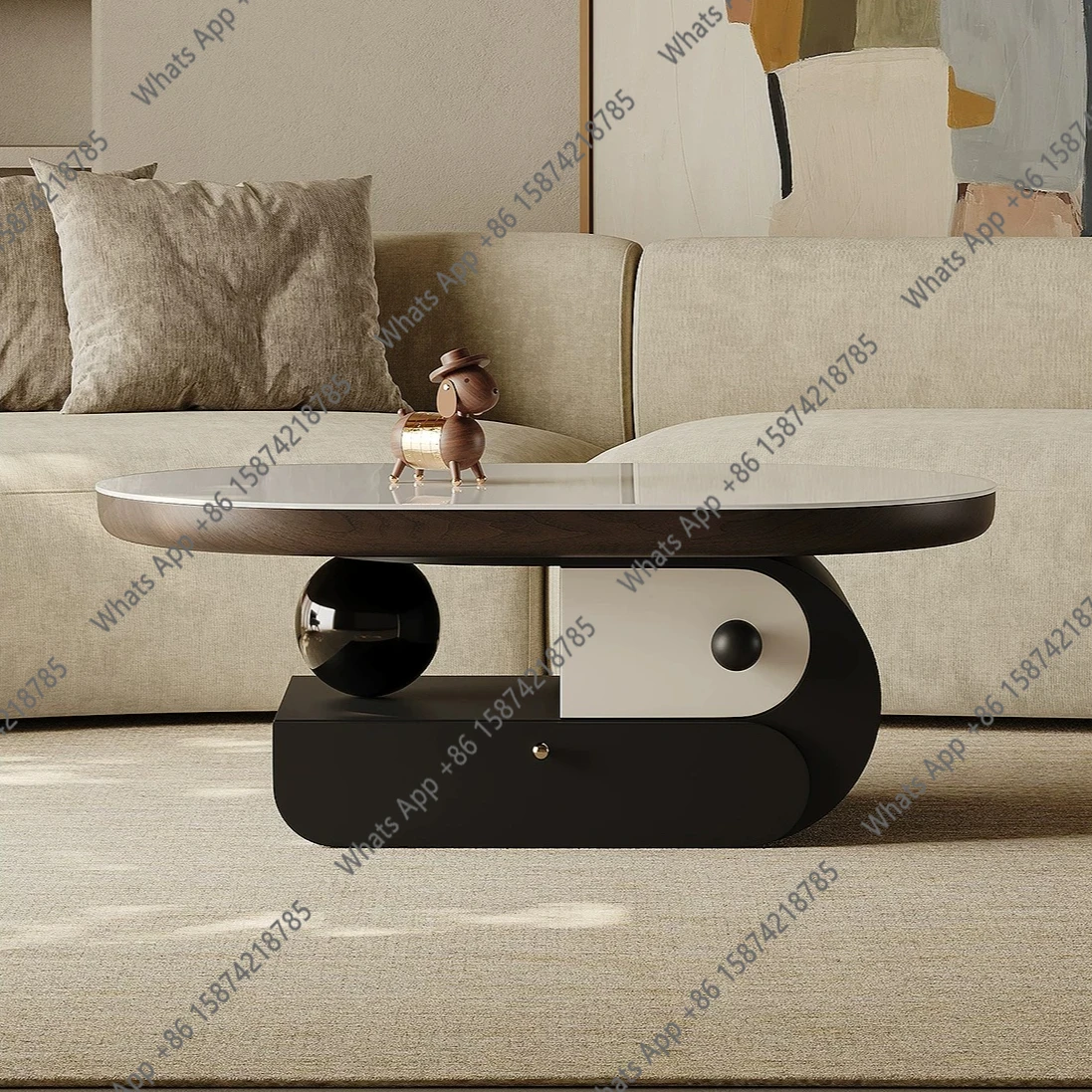 

French retro oval coffee table new small apartment living room high-end designer rock slab coffee table