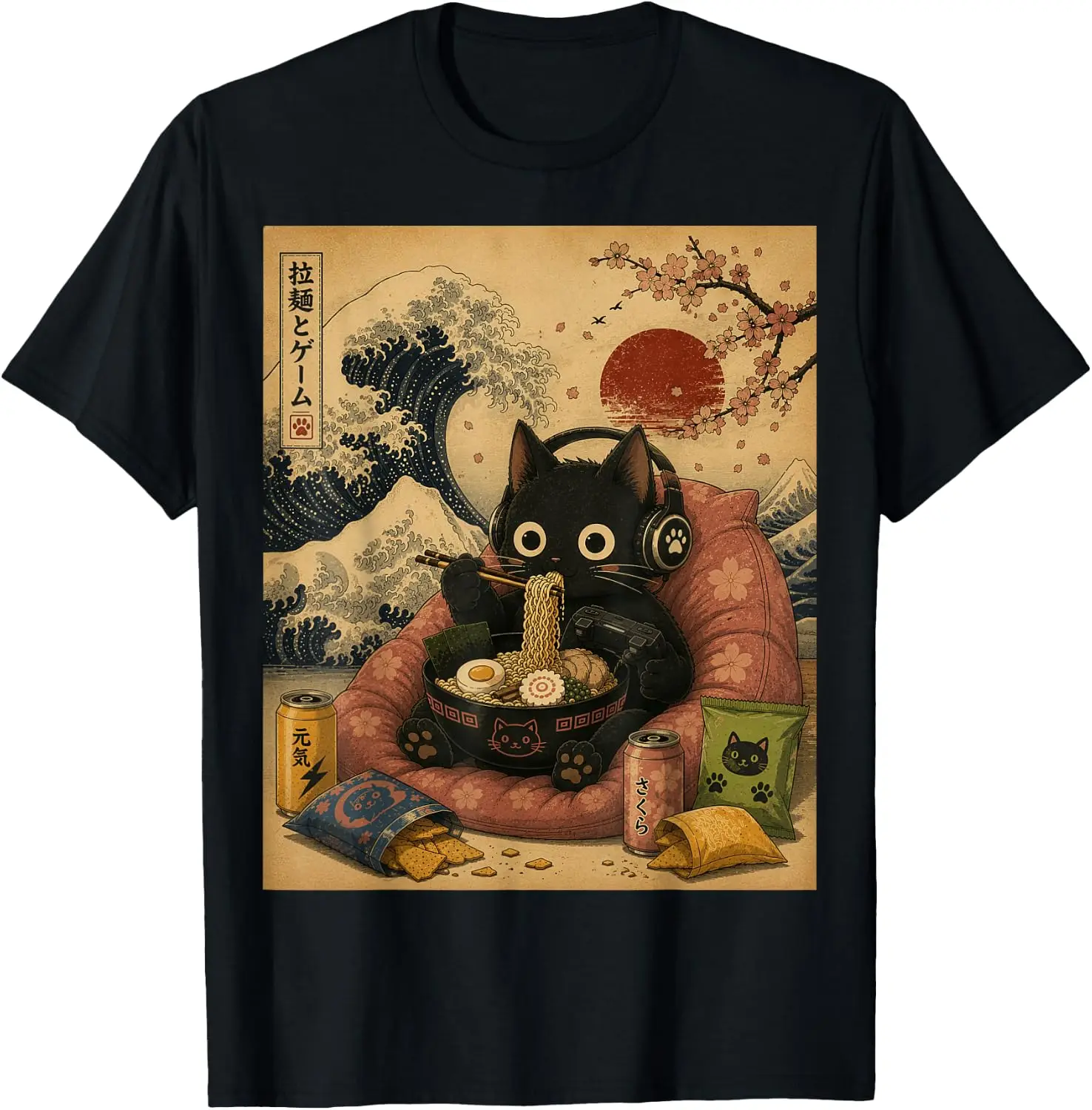 Kawaii Ramen Cat Gamer Gaming Retro Japanese Noodles Artwork T-Shirt Men Women Unisex Novelty Graphic T‑Shirt, Classic Crew Neck 100% Cotton Tee, Lightweight Anti‑Pilling Breathable Casual Tops, Year‑Round Daily Outfit, Holiday Birthday Present Tee