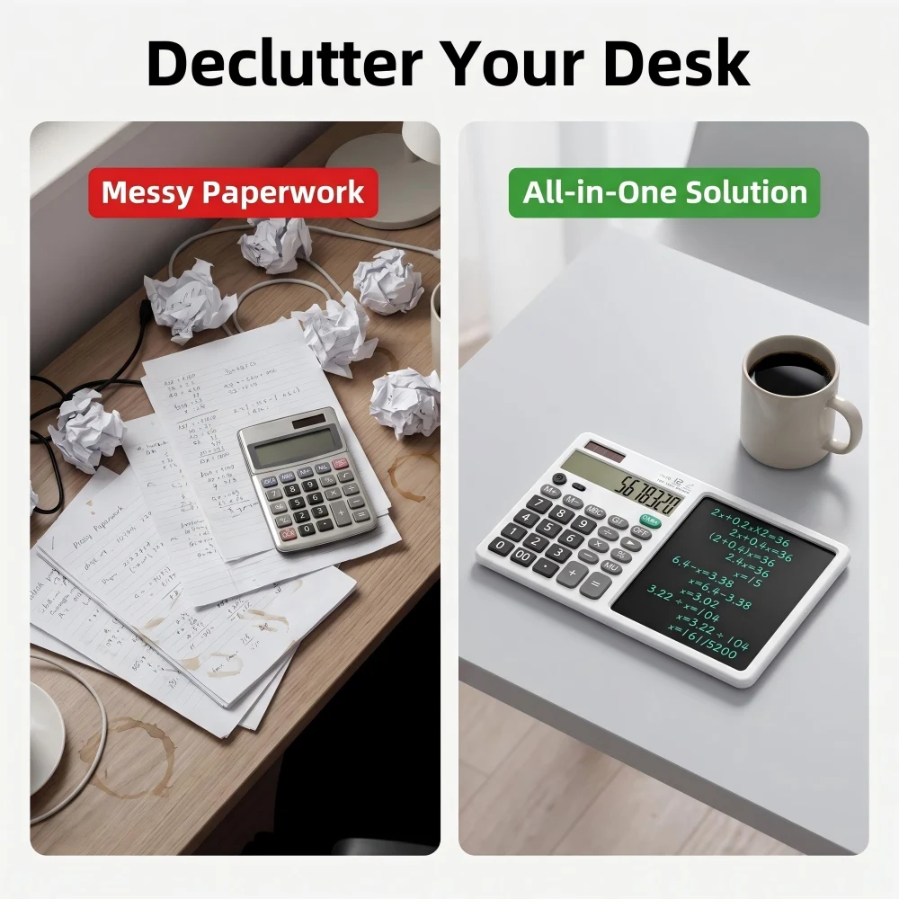 12 Digit 2-in-1 Desk Calculator with LCD Writing Pad, Solar & Battery Dual Power, Lock Key & Stylus, Notepad for Office School
