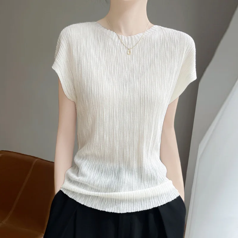 

Универсальный классический простой однотонный плиссированный топ с воротником-стойкой, женская тонкая футболка с коротким рукавом, лето 2025 г.