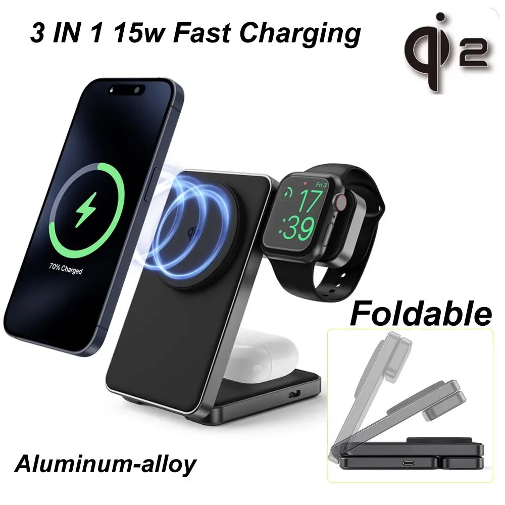 3 In 1 Foldable 15W Magnetic Wireless Charger Qi2 Certified Charging Stand for iPhone 15 14 13 12 Pro Max Plus Airpods 3 2 Pro