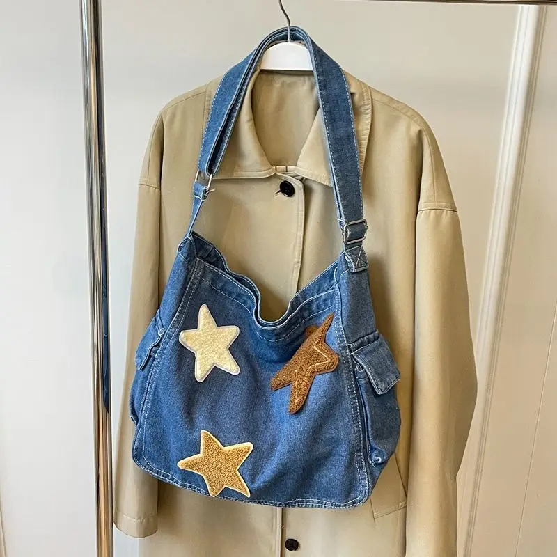 Denim Shoulder Bag with Star Casual Lightweight Retro Travel Shopper Crossbody Handbag for Women and Men Unisex Jean Tote Purse