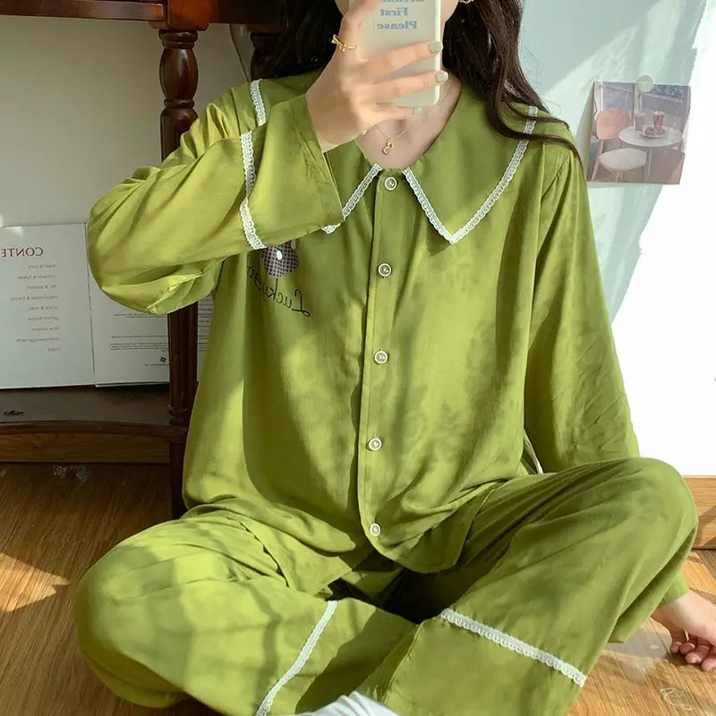 Long Sleeve Doll Collar Poplin Sleepwear Women's Spring Autumn Thin Loose Casual Homewear Suit Sweet Cute Student Pajamas Set
