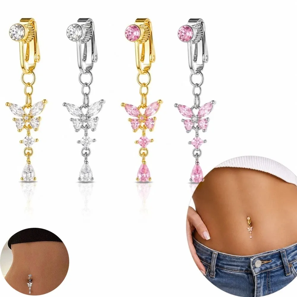 Butterfly Design Clip on Belly Button Non Piercing Copper/alloy Material Fake Belly Ring Zircon Faux Belly Piercing Body Jewelry