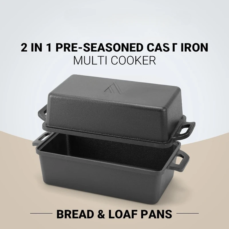 2 in 1 Cast Iron Bread Pan with Lid, Loaf Pans 2 Piece Set for Baking Homemade Meatloaf, 9×5 Inch