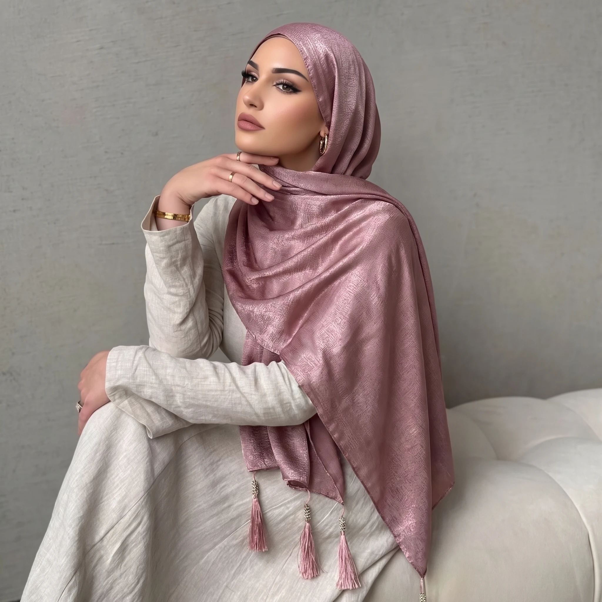 Elegant Tassel Muslim Headscarf Female Glossy Shimmer Cloth Versatile Hijab For Ramadan Holiday Travel And Casual Outfit