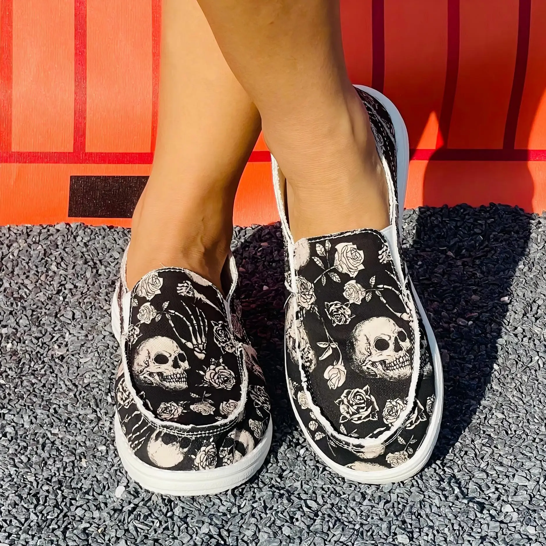 Women Skull Rose Gothic Print Slip On Canvas Loafers, Light Non Slip Casual Flat Shoes