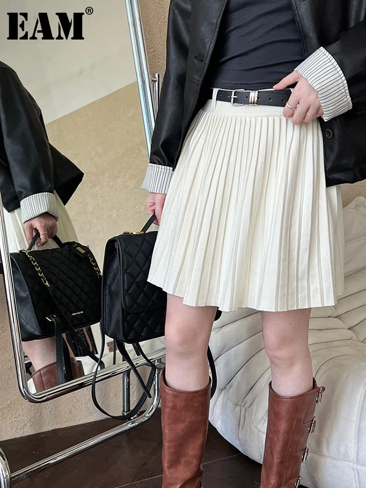 

[EAM] High Elastic Waist Gray Belted Knitting A-line Mini Half-body Skirt Women Fashion Tide New Spring Autumn 2024 1DH7602