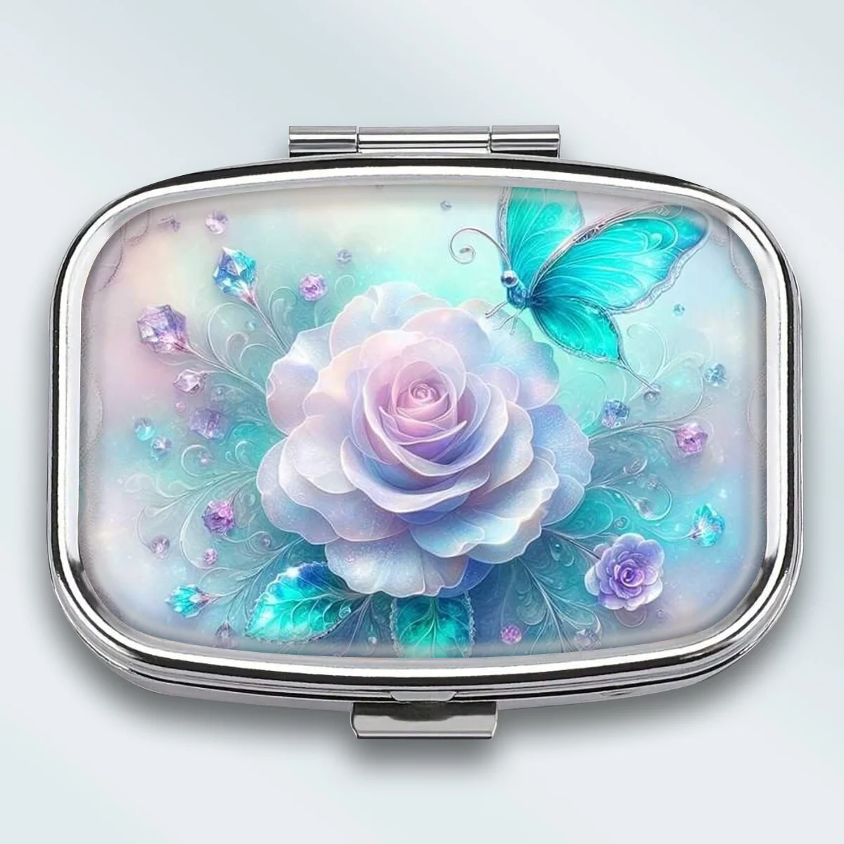 A Small, Dual-Compartment Square Metal Pill Box, Decorated with a Rose and Butterfly Themed Illustration Design, Portable Decorative Vitamin Storage Box, a Unique Gift That Can Be Placed in Your Pocket or Purse