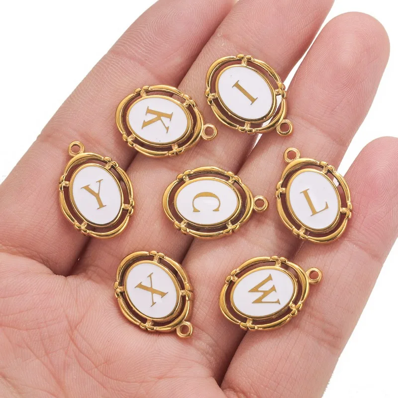 1 pcs Stainless Steel Electroplated Oval White Oil-drop Letter Pendant - A-Z Hexagonal DIY Earrings Necklace Accessory